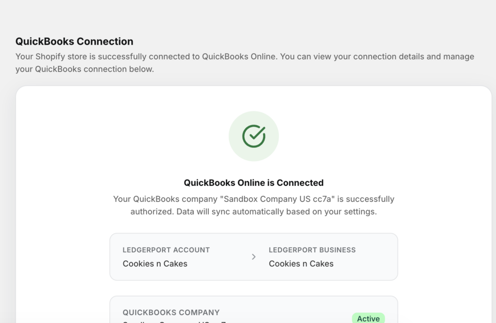 Connections page in LedgerPort showing the Shopify store connection card and its connection status