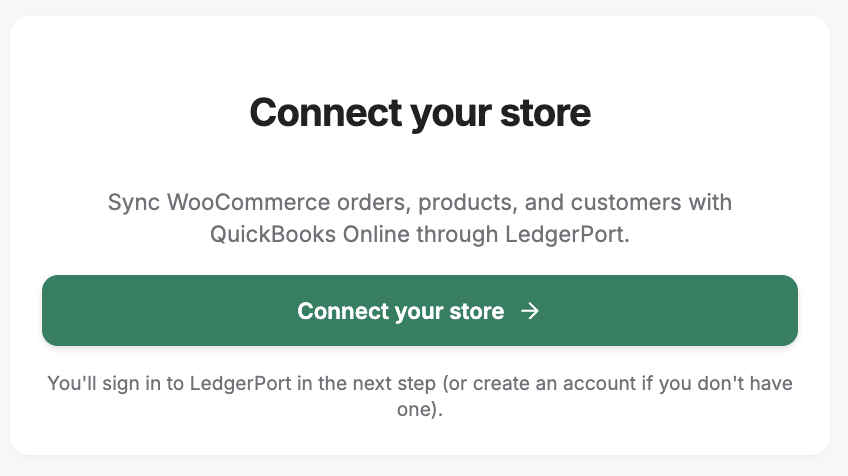 Panel uživatelského rozhraní pro připojení vašeho obchodu WooCommerce k LedgerPort, se zeleným tlačítkem Odeslat/Připojit s popiskem 'Připojit váš obchod' a popisným textem nad a pod ním.