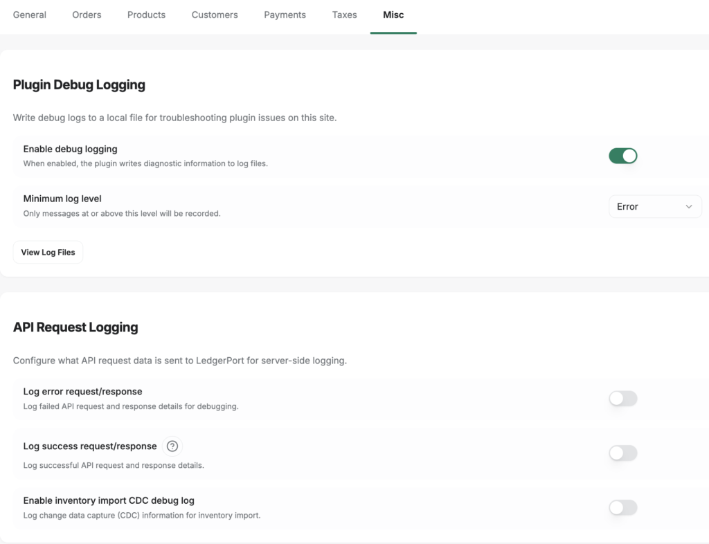 image - LedgerPort Admin settings page for logging: Plugin Debug Logging with an on/off toggle and additional options like minimum log level and View Log Files button.