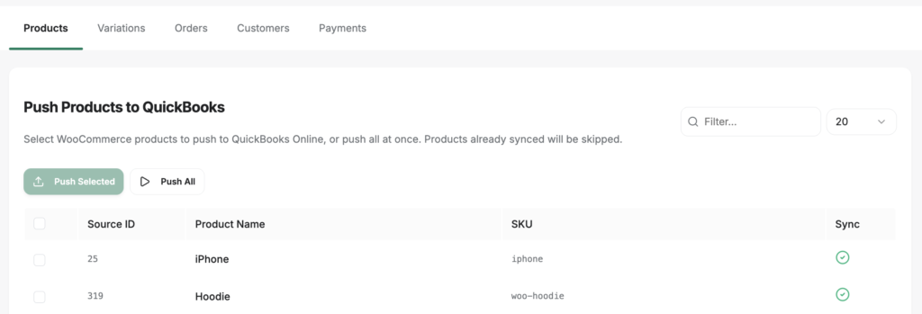 image - LedgerPort Admin page for pushing WooCommerce products to QuickBooks; shows list with Source ID, Product Name, SKU and Sync status, plus Push Selected and Push All buttons.