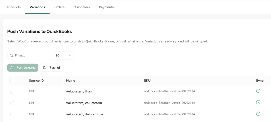 image - LedgerPort Variant management page: Push Variations to QuickBooks with filters and bulk actions (Push Selected / Push All).