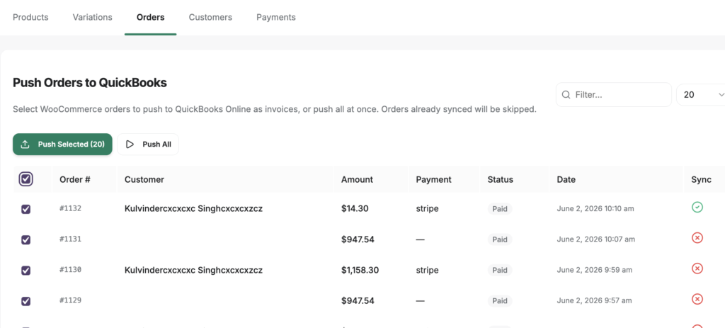image - LedgerPort Push Orders to QuickBooks page with a list of WooCommerce orders, checkboxes, and a "Push Selected" button next to a "Push All" option