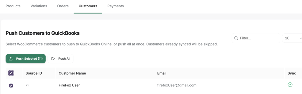 image - LedgerPort Dashboard: Push Customers to QuickBooks page with a list of customers and actions (Push Selected, Push All).