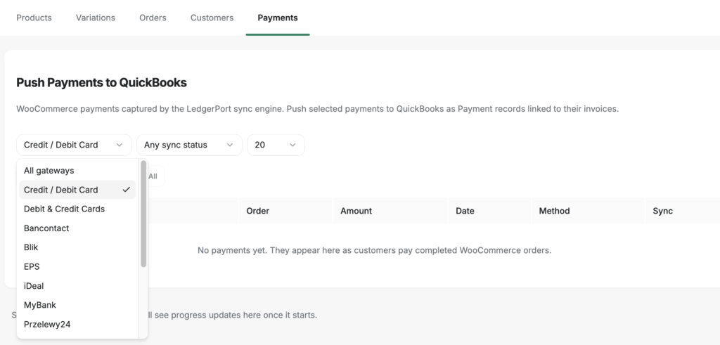image - LedgerPort Page: Push Payments to QuickBooks with filters for payment type and sync status above a payments table.