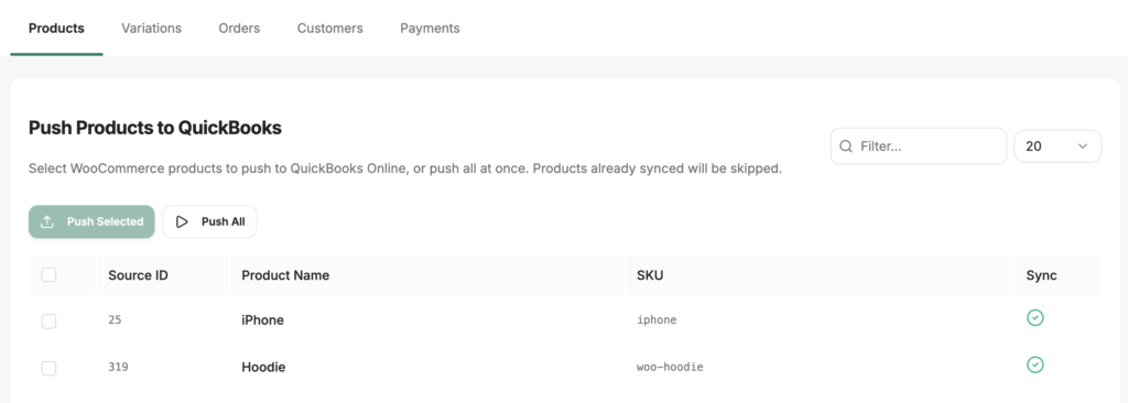 UI for pushing WooCommerce products to QuickBooks, with Push Selected/Push All and a product table (Source ID, Product Name, SKU, Sync).