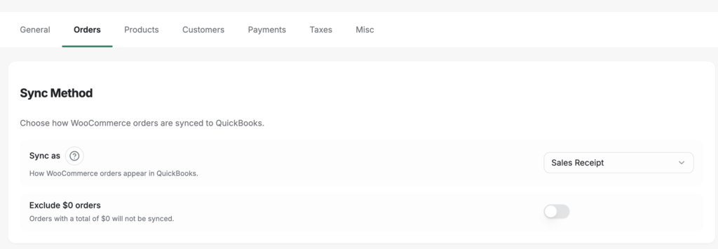 image - LedgerPort WooCommerce Sync Method panel: choose how orders sync to QuickBooks, with 'Sync as' set to Sales Receipt and a dropdown already visible; option to Exclude alt=