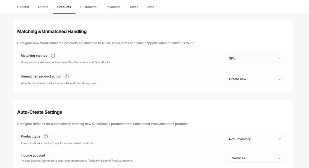 image - LedgerPort WooCommerce matching settings screen showing Matching method (SKU) and Unmatched product action (Create new) sections.