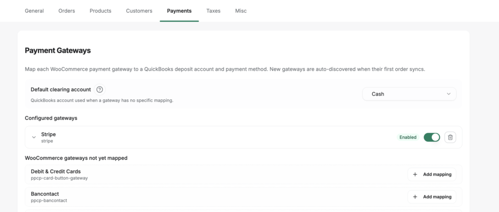 LedgerPort Sync Config Payments tab in WordPress admin showing auto-detected WooCommerce payment gateways, each with its own QuickBooks clearing account, payment method, and refund settings, plus a default clearing account fallback