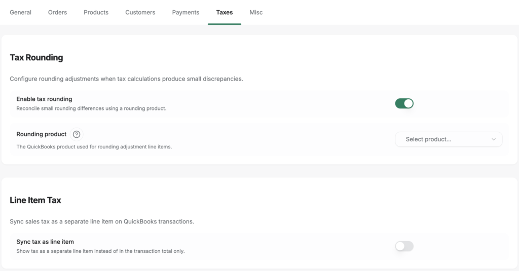 LedgerPort sync configuration Taxes tab showing the Tax Rounding and Line Item Tax cards, with the picker for the QuickBooks liability account where tax posts
