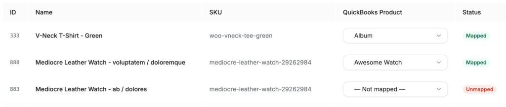 Table listing products with columns ID, Name, SKU, QuickBooks Product, and Status. Row 1: 333, V-Neck T‑Shirt – Green, woo-vneck-tee-green, Album, Mapped. Row 2: 888, Mediocre Leather Watch – voluptate m / doloremque, mediocre-leather-watch-29262984, Awesome Watch, Mapped. Row 3: 883, Mediocre Leather Watch – ab / dolores, mediocre-leather-watch-29262984, Not mapped, Unmapped.