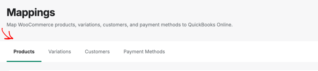 Mappings page header: maps WooCommerce products, variations, customers, and payments to QuickBooks Online; navigation shows Products (active), Variations, Customers, Payment Methods.