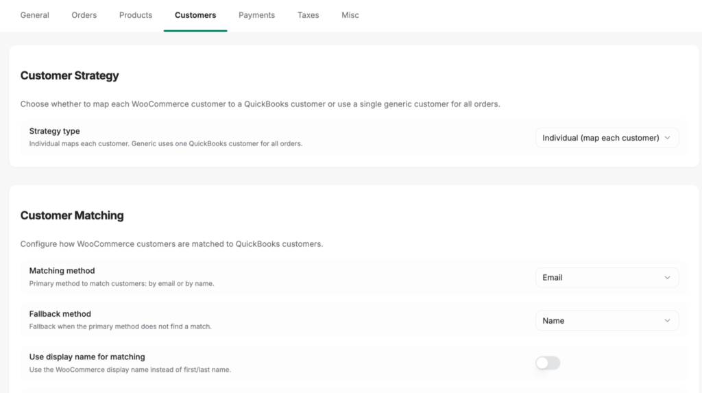 LedgerPort Sync Config Customers tab showing the customer strategy setting that routes unmatched store customers to a single generic QuickBooks customer