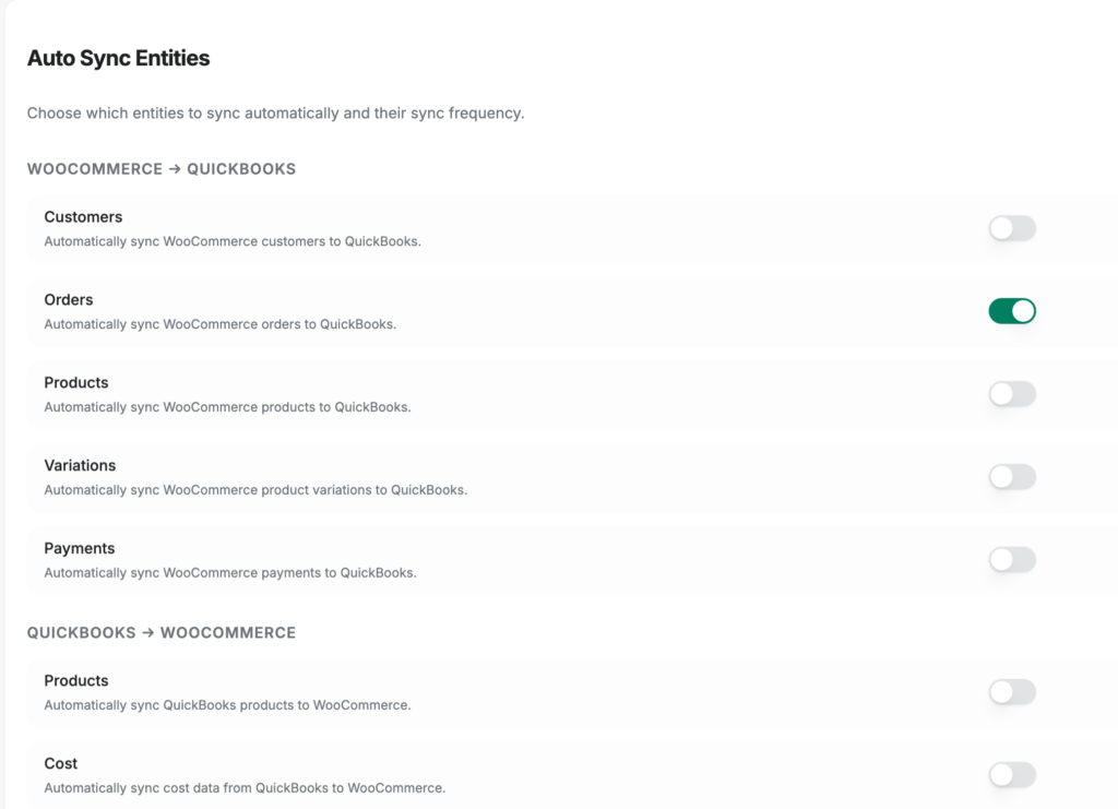 sync-config-general - LedgerPort Auto Sync Entities settings panel showing toggles for Customers, Orders, Products, Variations, Payments and Costs in a WooCommerce–QuickBooks integration screen