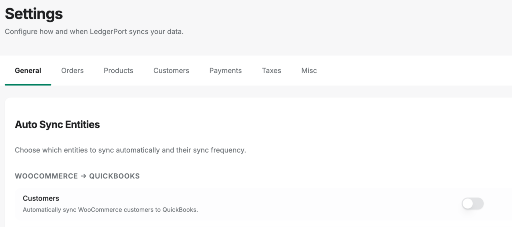 sync-config-tabs - LedgerPort Settings screen with tab bar (General active) and an Auto Sync Entities section describing WooCommerce–QuickBooks customer syncs, green underline under General.