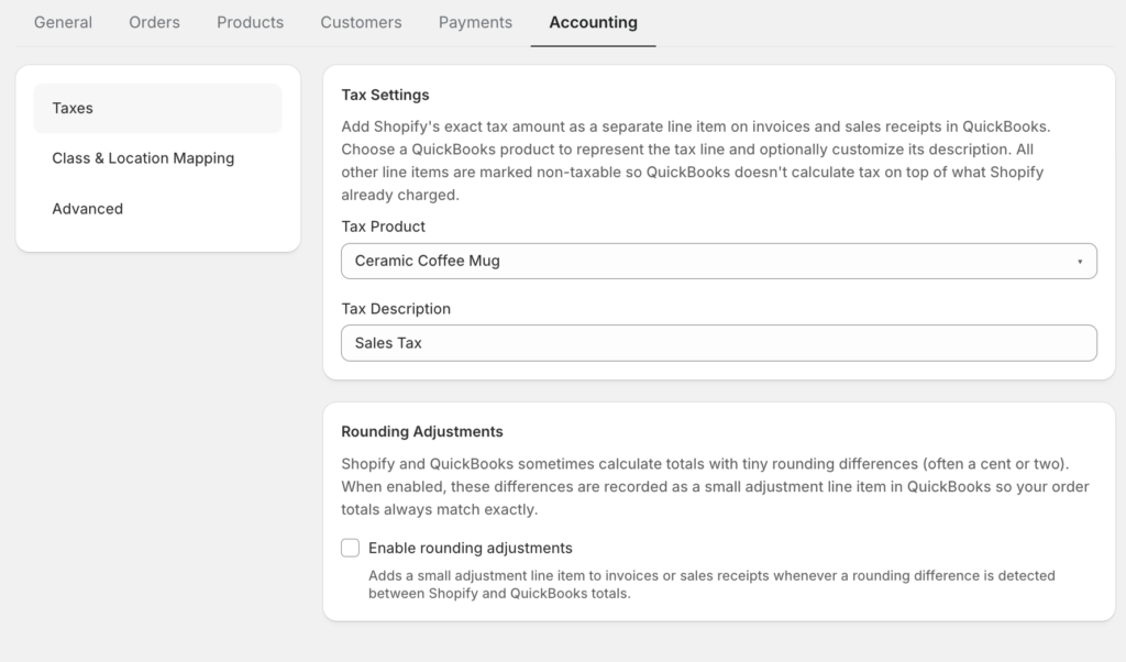 Accounting tab UI showing Tax Settings panel with Tax Product set to Ceramic Coffee Mug and Tax Description set to Sales Tax; left navigation lists Taxes, Class & Location Mapping, Advanced.