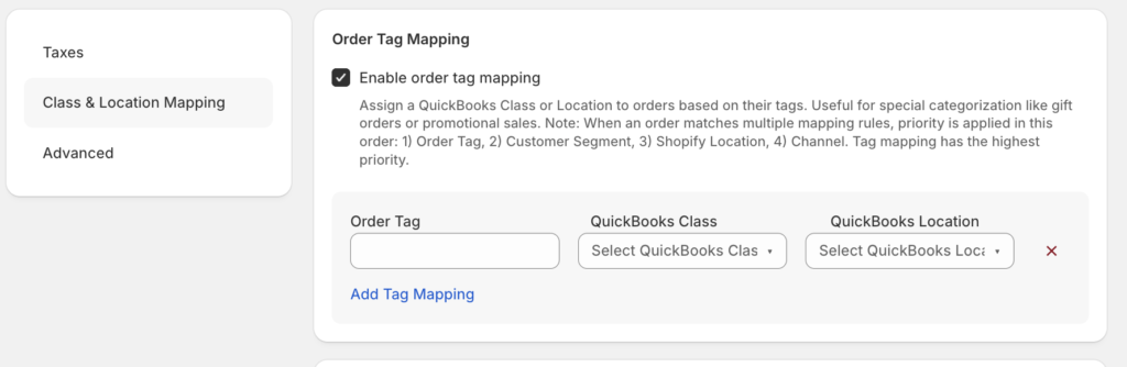 Panel titled Order Tag Mapping with an enabled checkbox, description, and three inputs: Order Tag, QuickBooks Class, QuickBooks Location; plus Add Tag Mapping and a remove button.