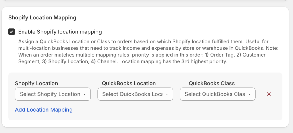 Shopify Location Mapping panel: enabled toggle, description, and a row with three dropdowns for Shopify Location, QuickBooks Location, and QuickBooks Class, plus Add Location Mapping.