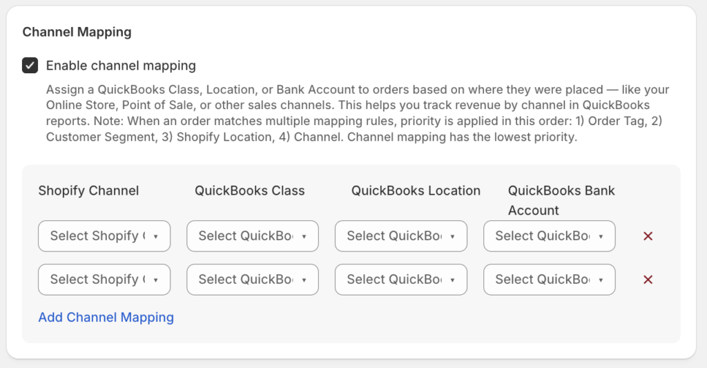 Channel Mapping panel with two mappings: Shopify Channel linked to QuickBooks Class, Location, and Bank Account, with remove buttons and an Add Channel Mapping option (enabled).