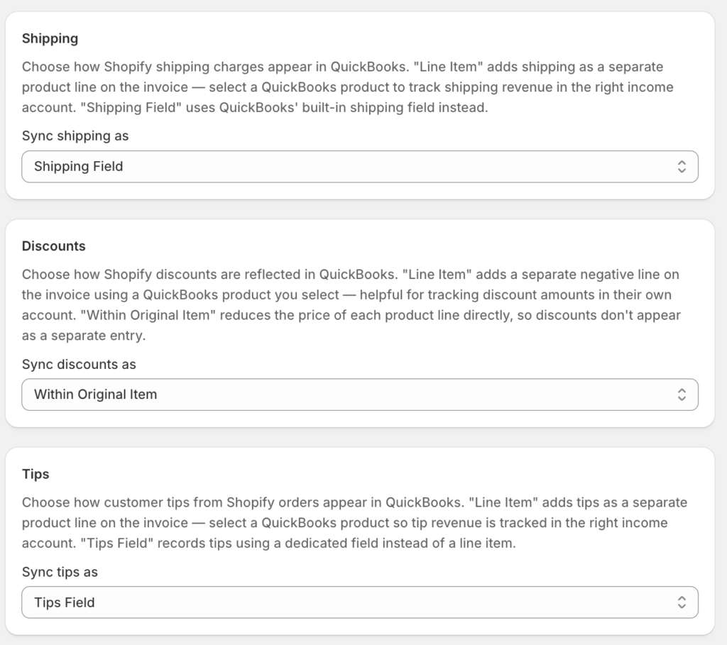 Screenshot of Shopify-QuickBooks integration settings: three sections—Shipping, Discounts, Tips—with descriptive text and dropdowns (Sync shipping as, Sync discounts as, Sync tips as).