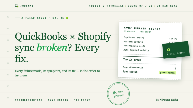 QuickBooks Shopify Integration Not Working? Every Fix - LedgerPort Hero banner for a QuickBooks × Shopify sync guide, with a repair ticket graphic overlay showing fixes.