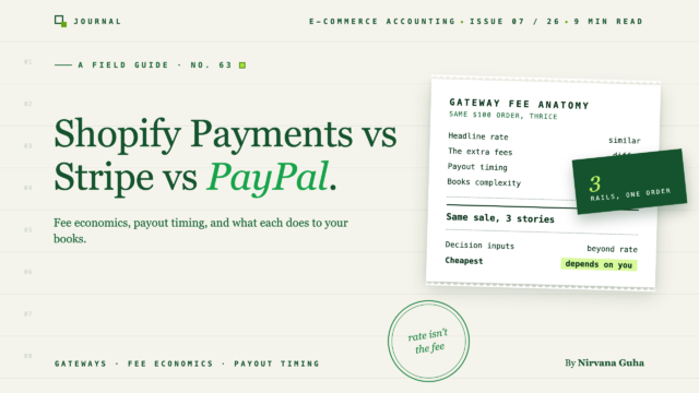 Header image for a web article comparing Shopify Payments, Stripe, and PayPal with a green, serif title and an overlapping infographic card showing gateway fee details.