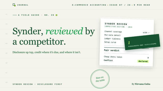 Magazine-style cover with the headline “Snyder, reviewed by a competitor” in large green typography and a floating review document mock-up on a pale grid background.