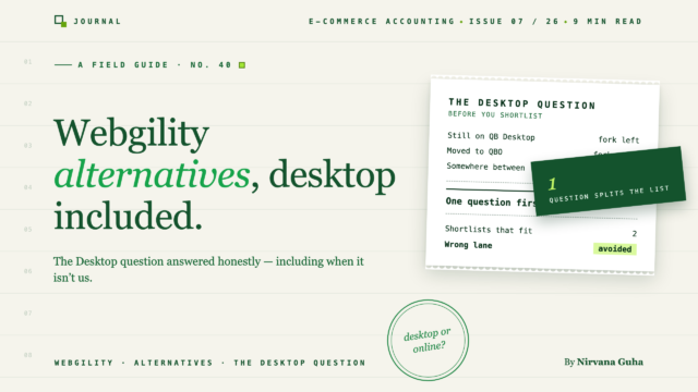 Hero banner showing the headline 'Webgility alternatives, desktop included' in large green serif on a pale background with a floating infographic card labeled 'The Desktop Question'