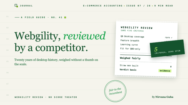Large pale page header with bold green typography reading 'Webgility, reviewed by a competitor' on left; a tilted white review card overlaps on the right showing 'WEBGILITY REVIEW' and a bulleted list with a green '5' card overlaid.